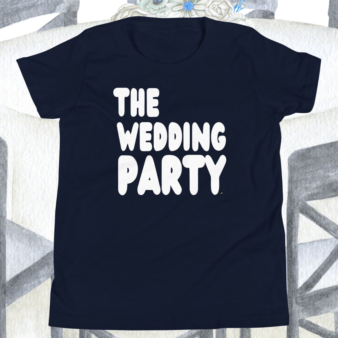 Navy Blue t-shirt with 'THE WEDDING PARTY' text on a textured background