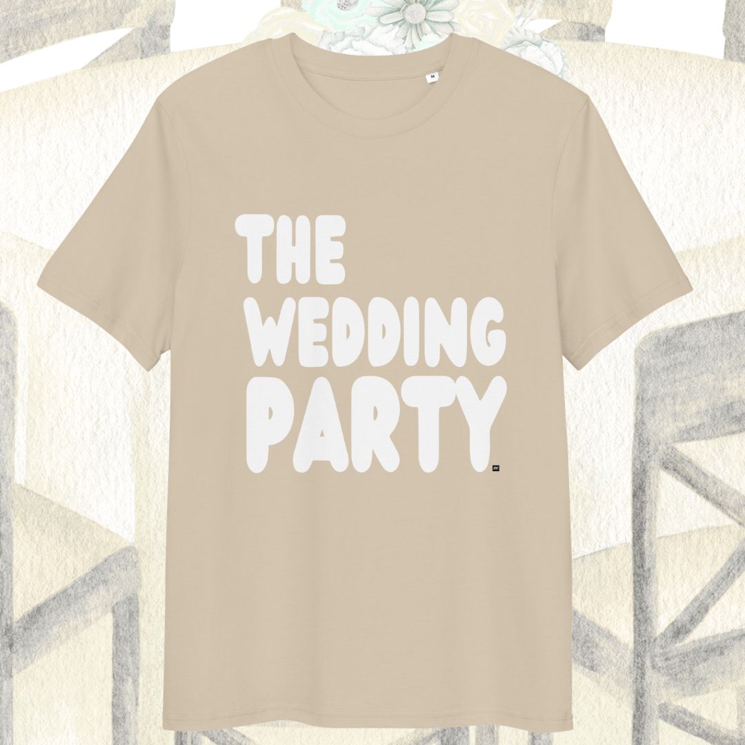 Beige t-shirt with 'THE WEDDING PARTY' text on a textured background