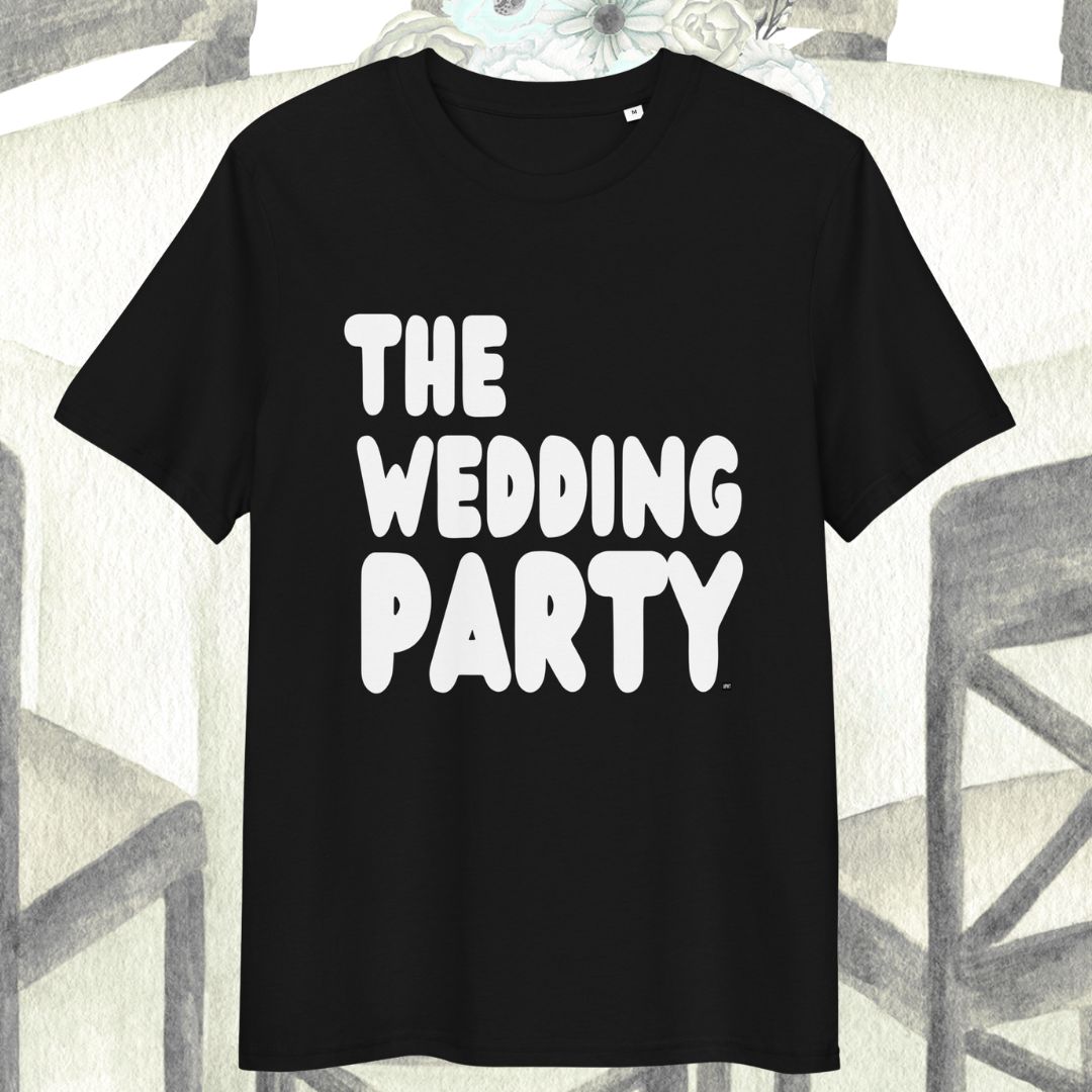 Black t-shirt with 'THE WEDDING PARTY' text on a patterned background