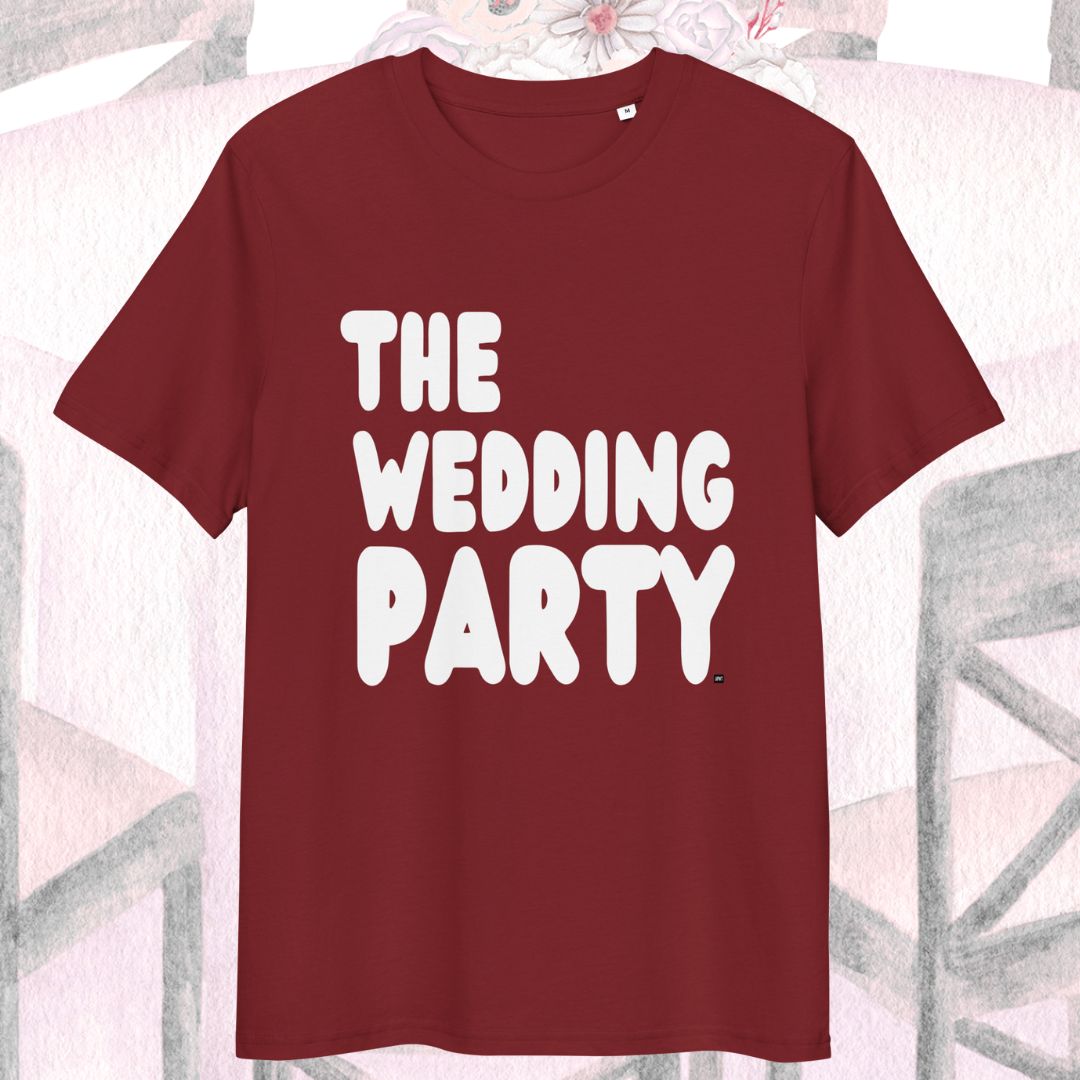 Burgundy t-shirt with 'THE WEDDING PARTY' text on a floral background