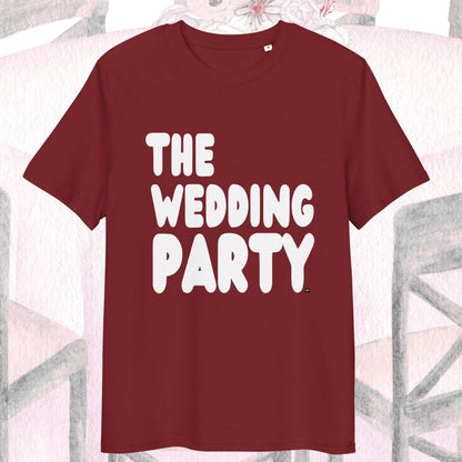 Burgundy t-shirt with 'THE WEDDING PARTY' text on a floral background