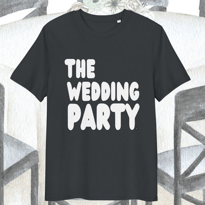 Dark Grey t-shirt with 'The Wedding Party' text on a textured surface