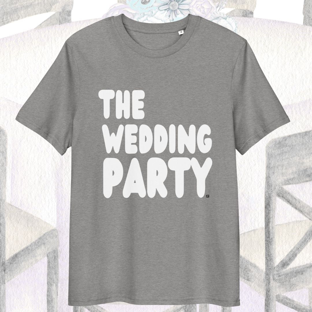 Gray t-shirt with 'The Wedding Party' text on a light gray background