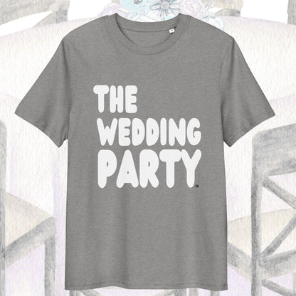 Gray t-shirt with 'The Wedding Party' text on a light gray background