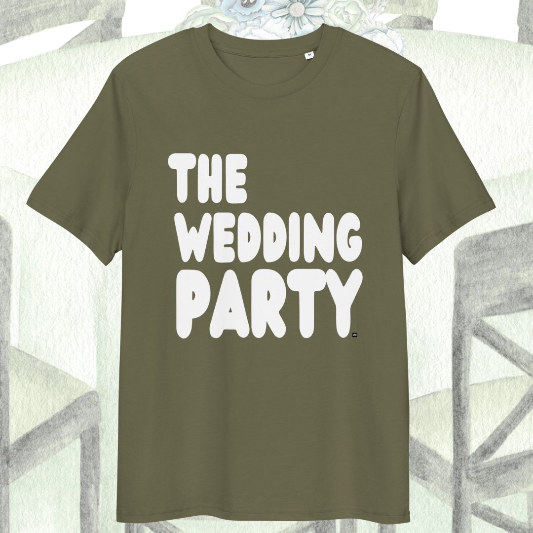 Green t-shirt with 'THE WEDDING PARTY' text on a decorative background
