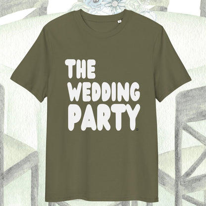 Green t-shirt with 'THE WEDDING PARTY' text on a decorative background