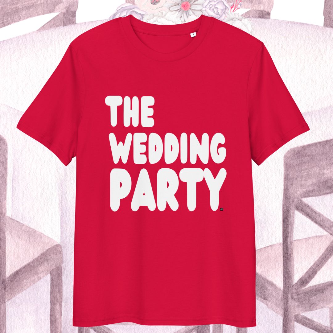 Red t-shirt with 'THE WEDDING PARTY' text on a floral background