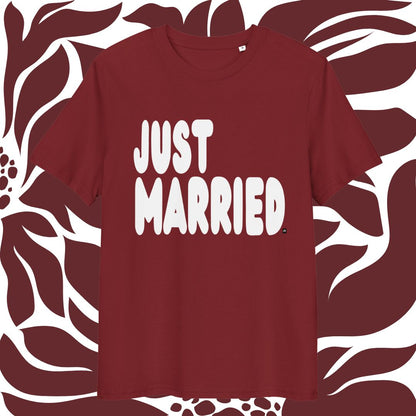 Maroon t-shirt with 'JUST MARRIED' text on a patterned background