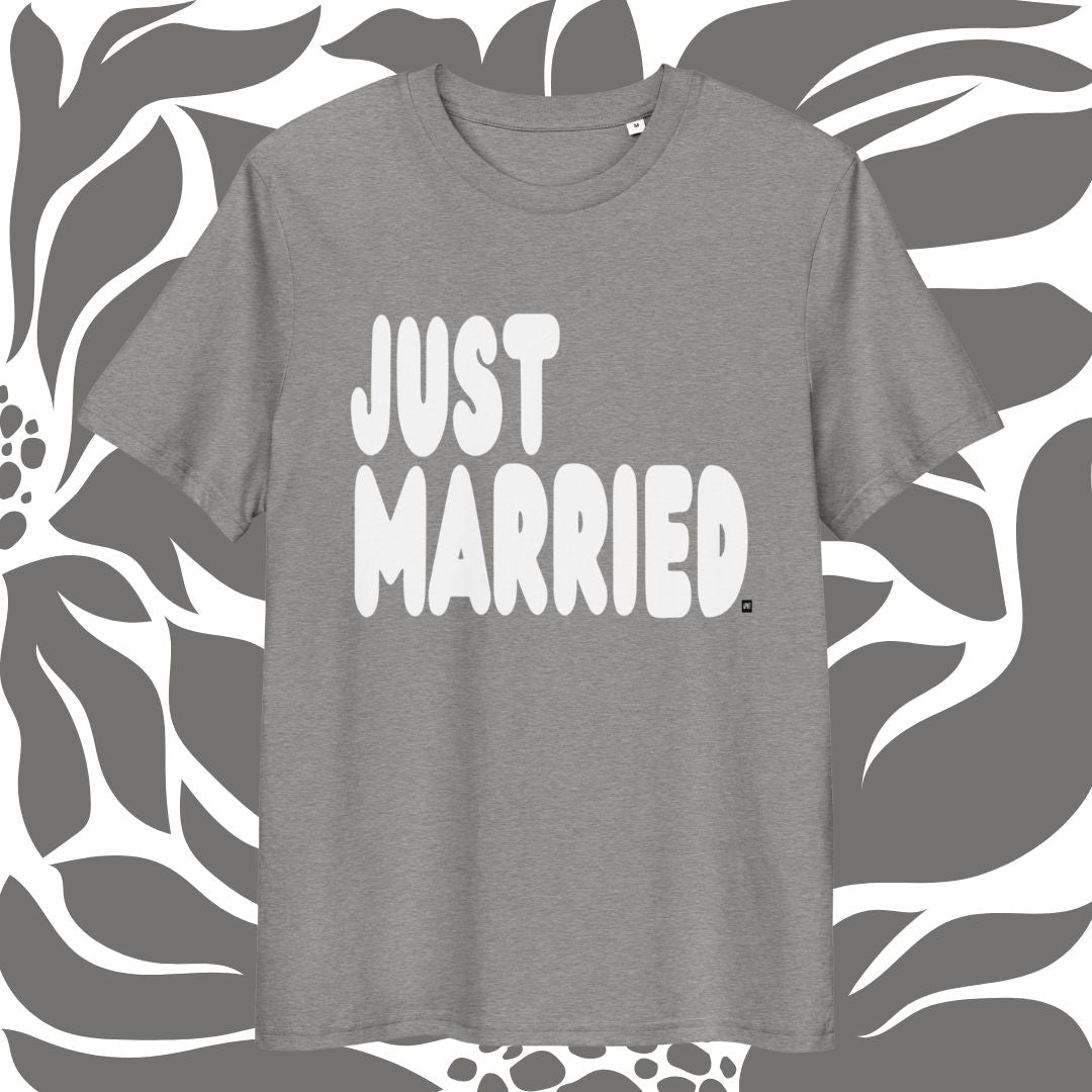 Gray t-shirt with 'JUST MARRIED' text on a patterned background