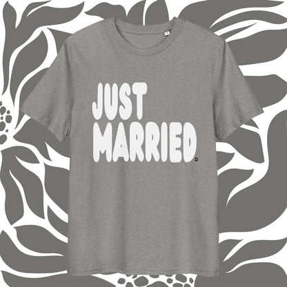 Gray t-shirt with 'JUST MARRIED' text on a patterned background