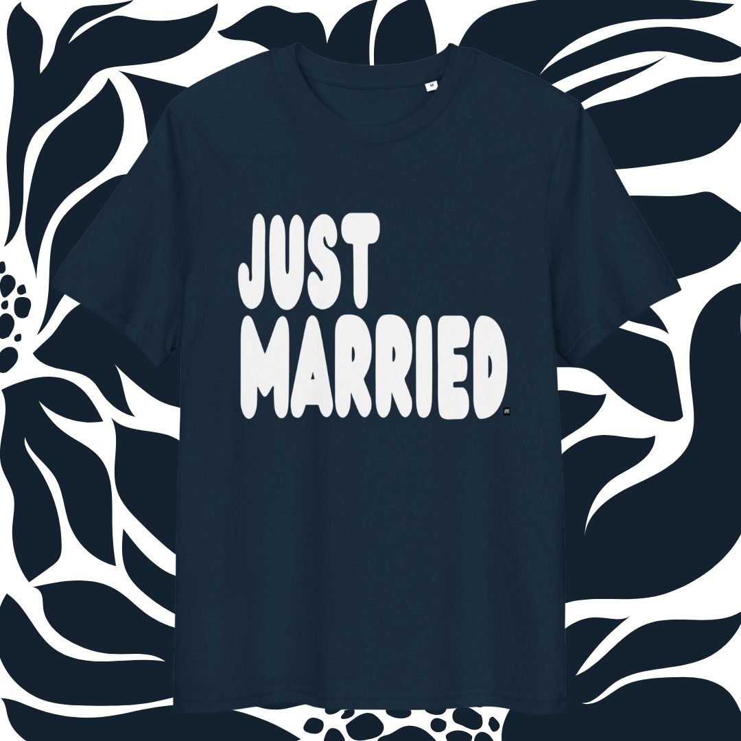 Navy blue t-shirt with 'JUST MARRIED' text on a decorative black and white background