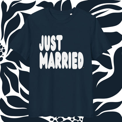 Navy blue t-shirt with 'JUST MARRIED' text on a decorative black and white background