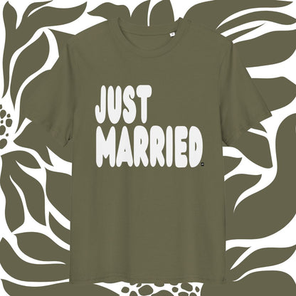 Green t-shirt with 'JUST MARRIED' text on a patterned background