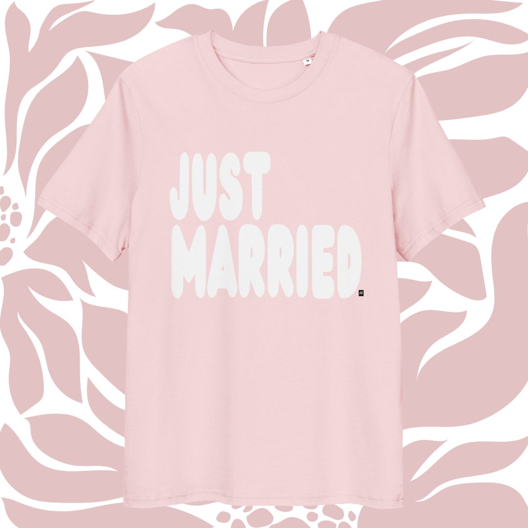 Pink sweatshirt with 'JUST MARRIED' text on a floral patterned background