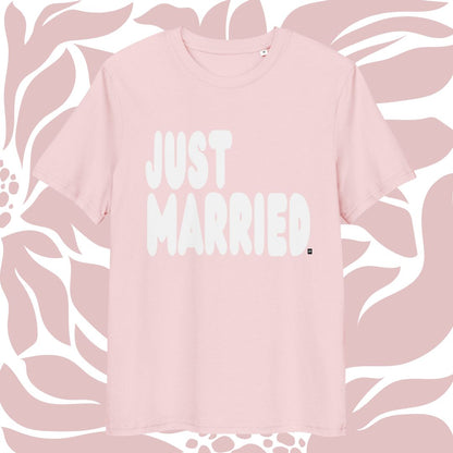 Pink sweatshirt with 'JUST MARRIED' text on a floral patterned background