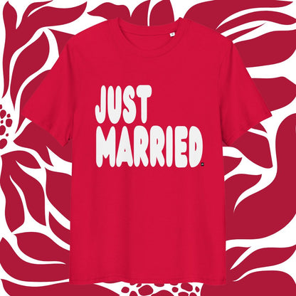 Red t-shirt with 'JUST MARRIED' text on a red and white patterned background