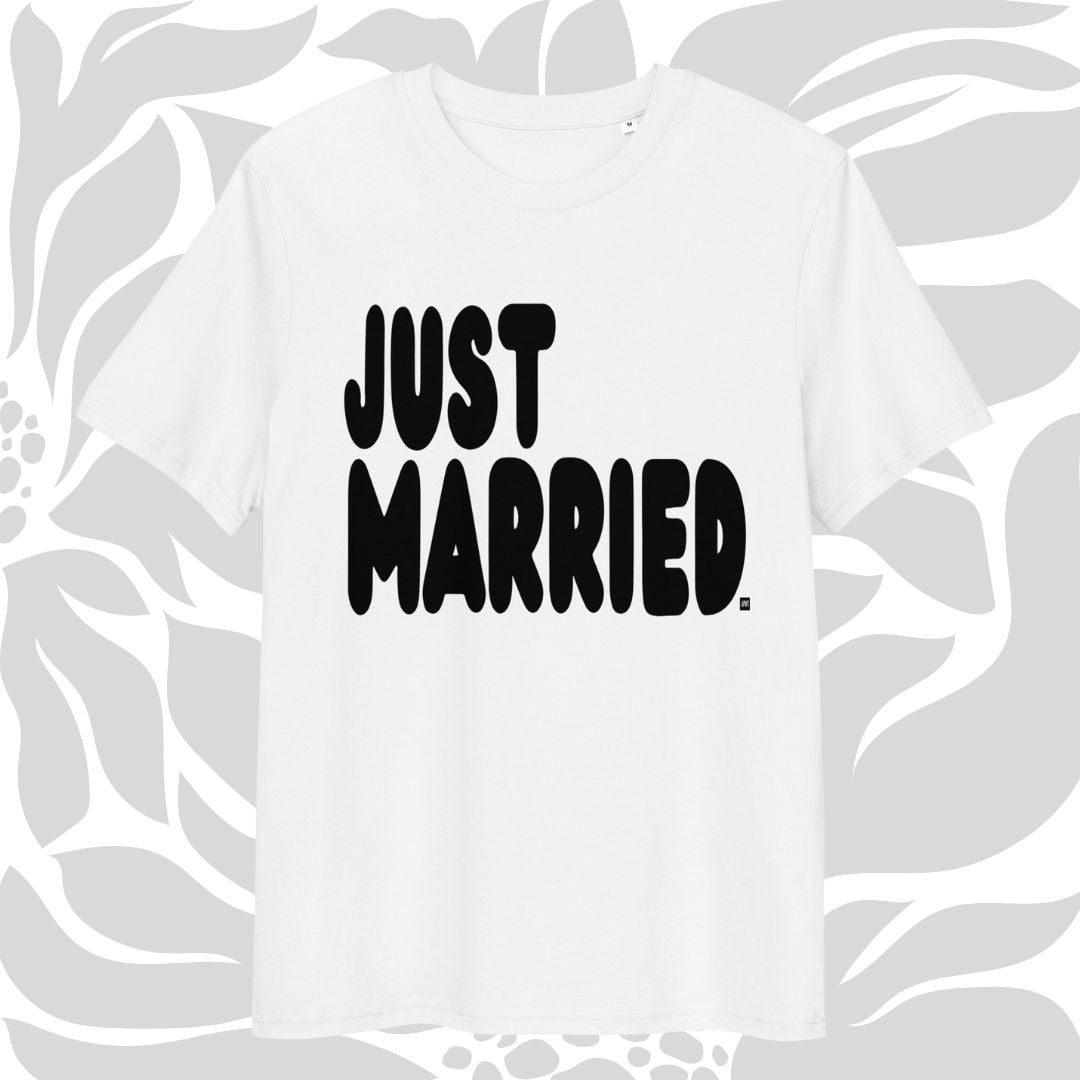 White t-shirt with 'JUST MARRIED' text on a white background