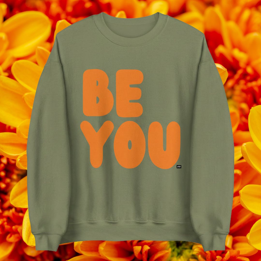 Be You in Olive Green and Orange Unisex Crew Neck Sweatshirt