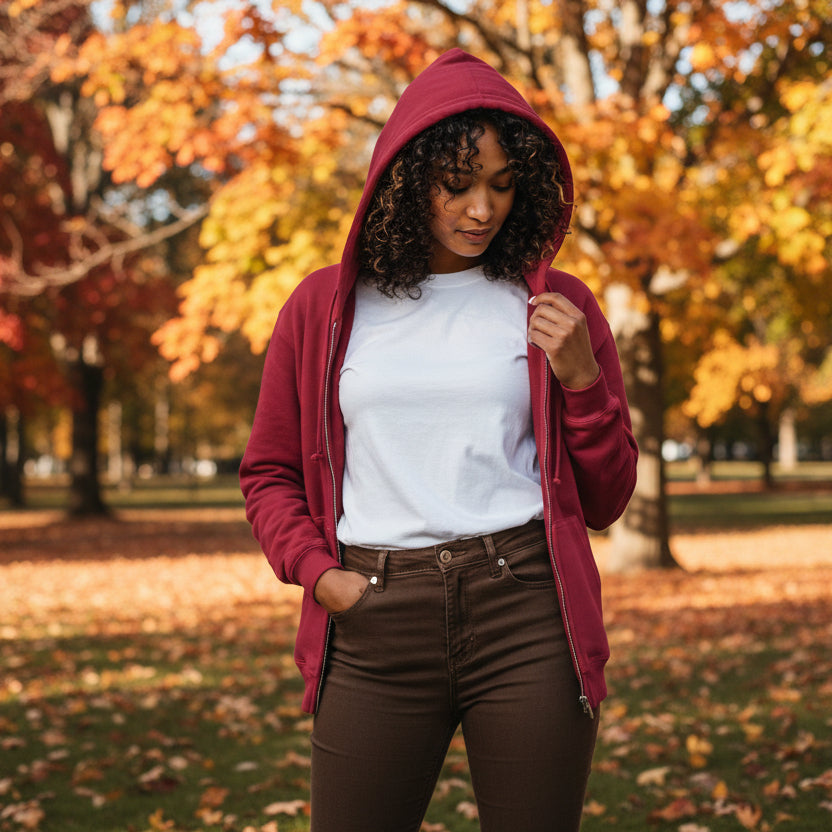 Woman modeling side of A Community in Apple Red Unisex Hoodie
