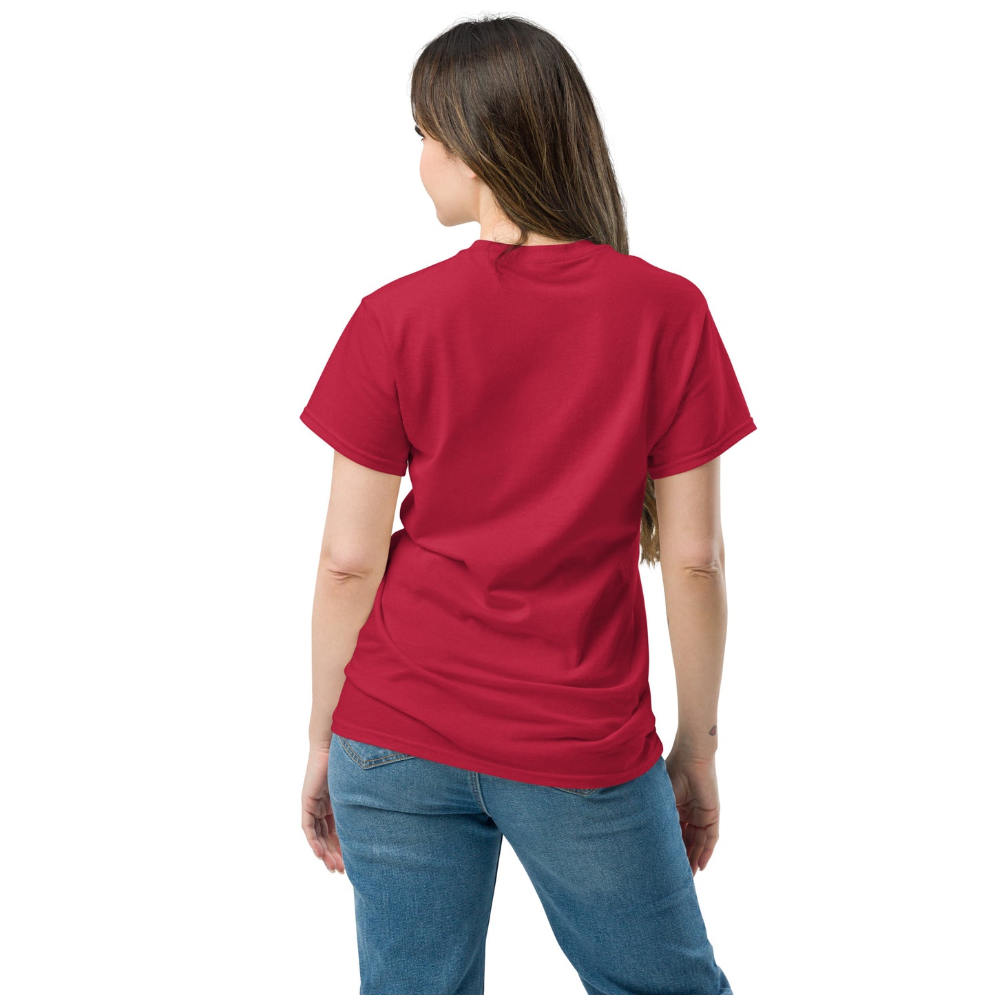 Woman wearing A Community in Apple Red Unisex T-Shirt from the APWT Gift Shop Back