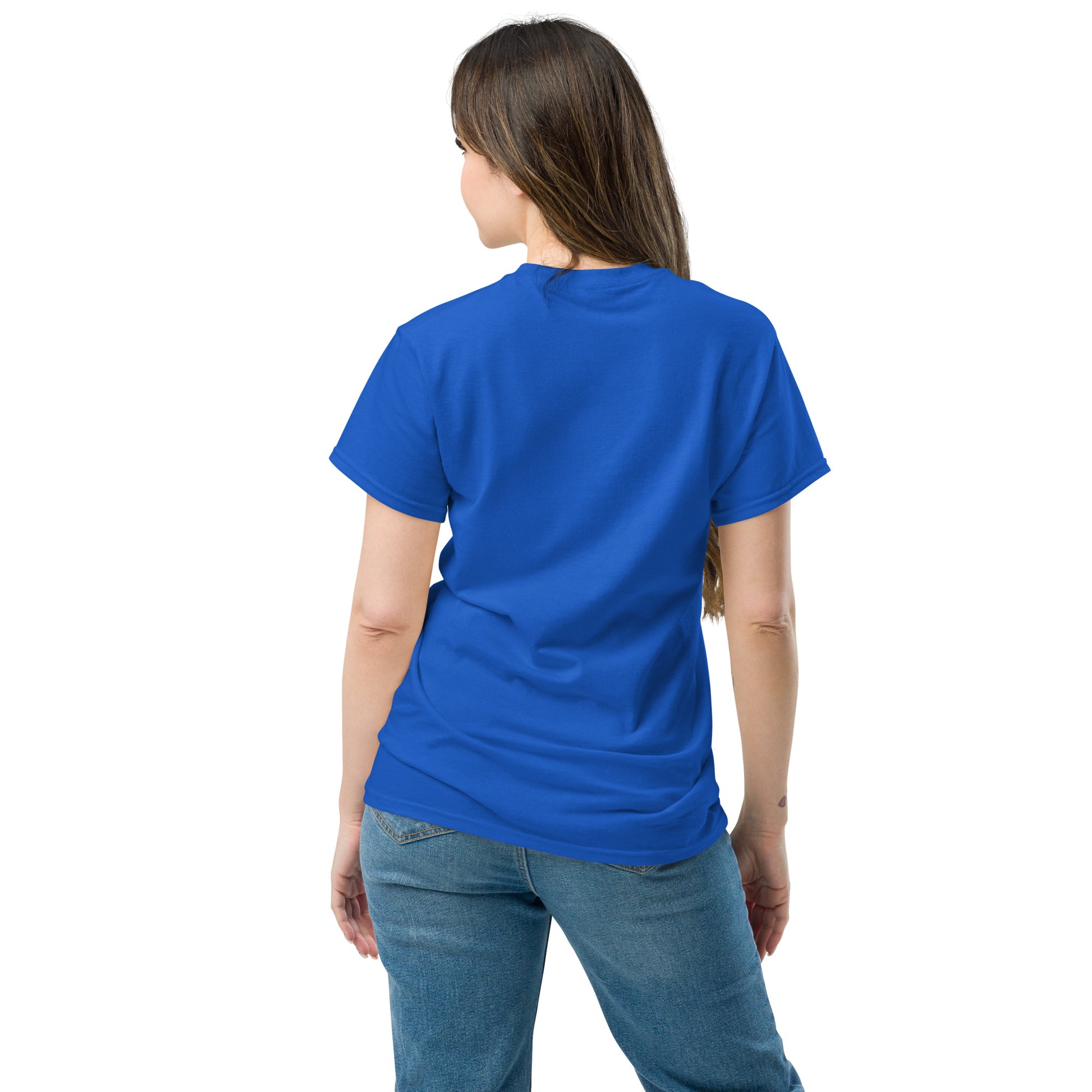 Woman wearing A Community in Ocean Blue Unisex T-Shirt from the APWT Gift Shop back