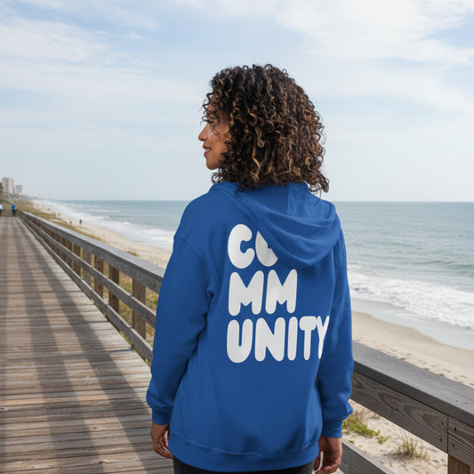 Woman wearing A Community in Ocean Blue Unisex Zip-Up Hoodie