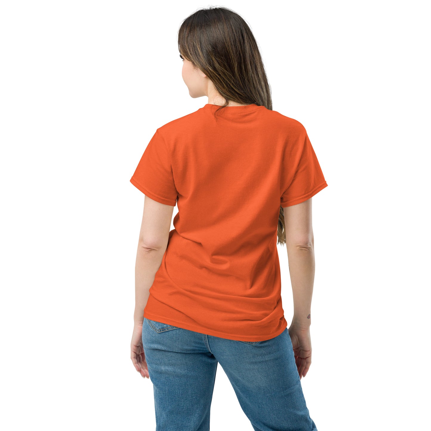 Woman wearing A Community in Orange Citrus Unisex T-Shirt from the APWT Gift Shop back