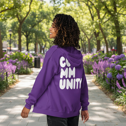 Woman wearing A Community in Purple Flower Unisex Zip-Up Hoodie