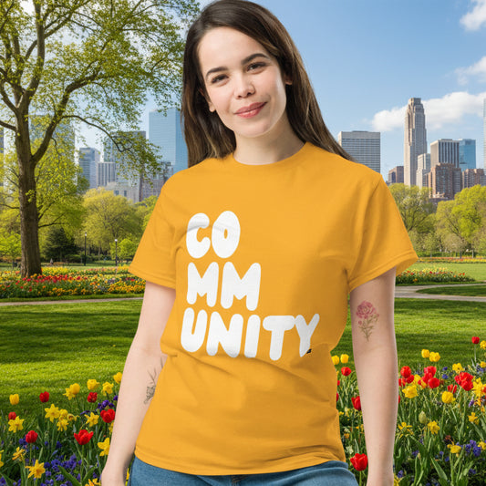 Woman wearing A Community in Sunflower Yellow from the APWT Gift Shop