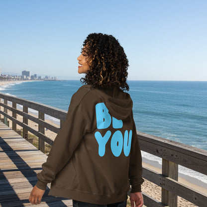 Woman wearing Be You in Brown and Blue Unisex Zip-Up Hoodie