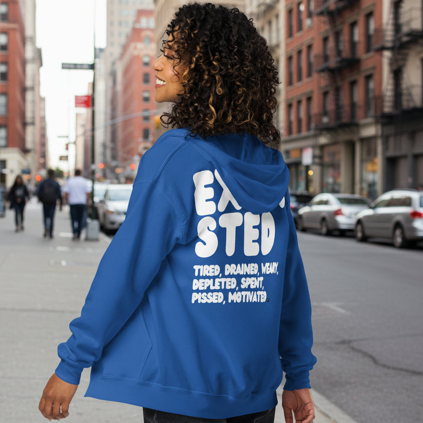Woman wearing Exhausted in Blue Unisex Zip-Up Hoodie from the APWT Gift Shop