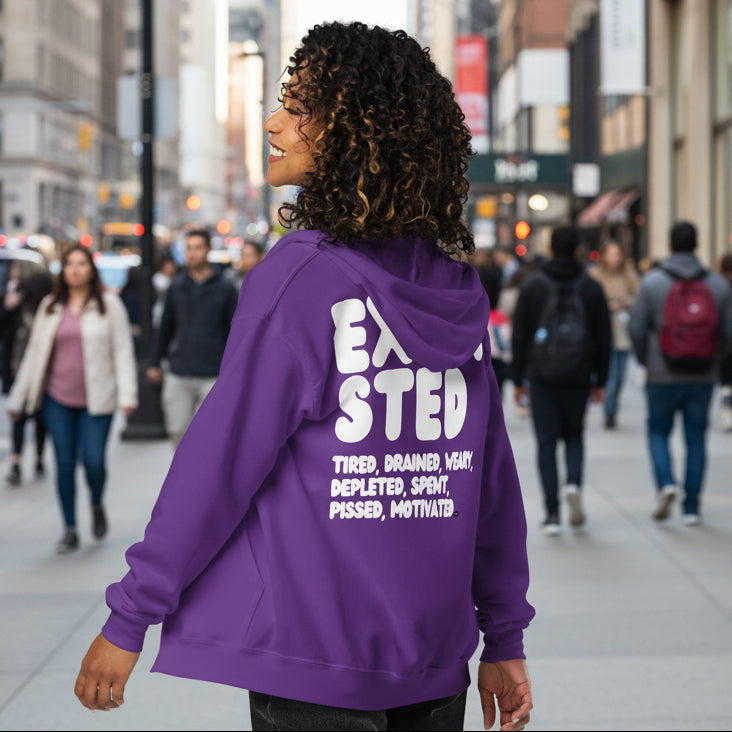 Woman wearing Exhausted in Purple Unisex Zip-Up Hoodie from the APWT Gift Shop 