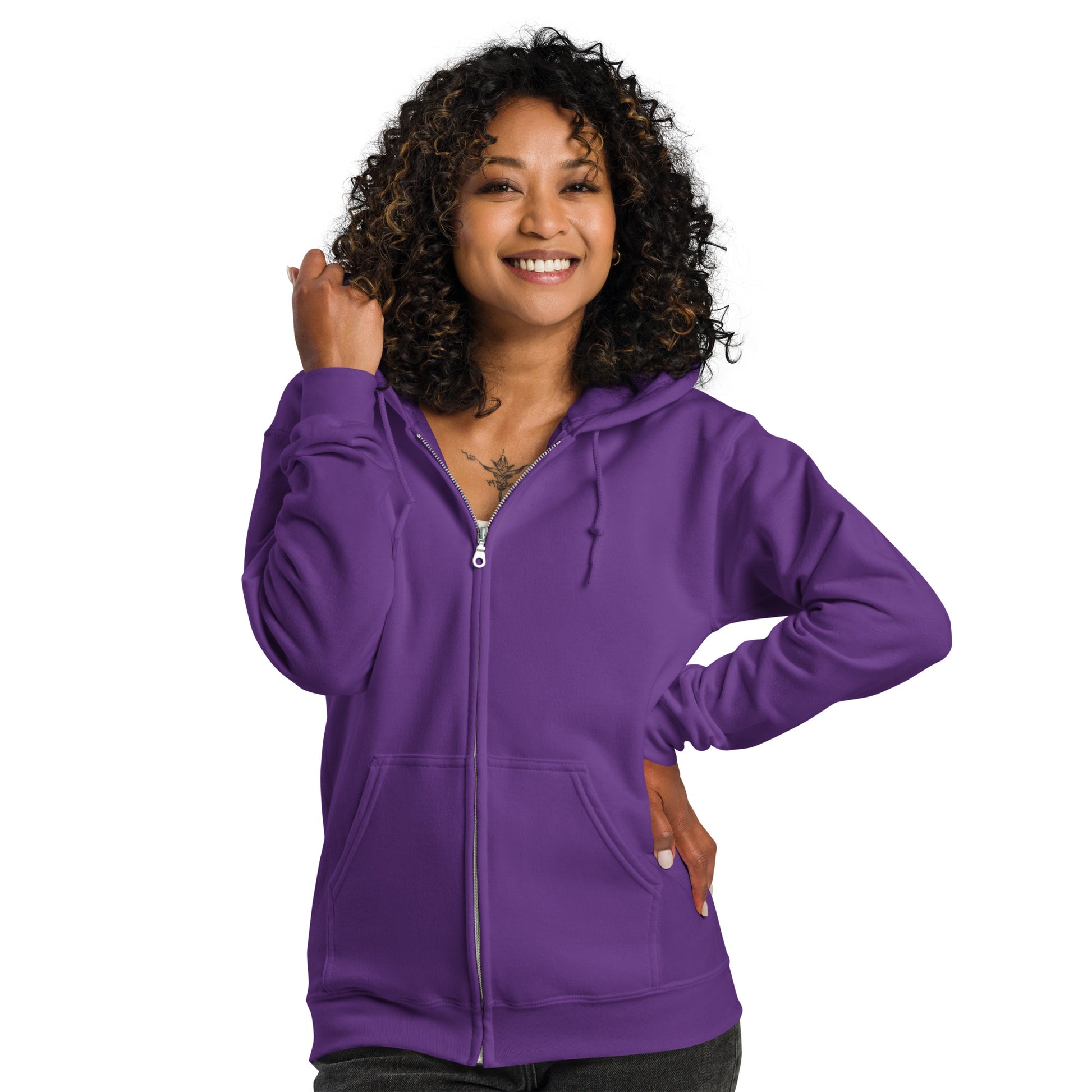 Woman wearing Exhausted in Purple Unisex Zip-Up Hoodie from the APWT Gift Shop front