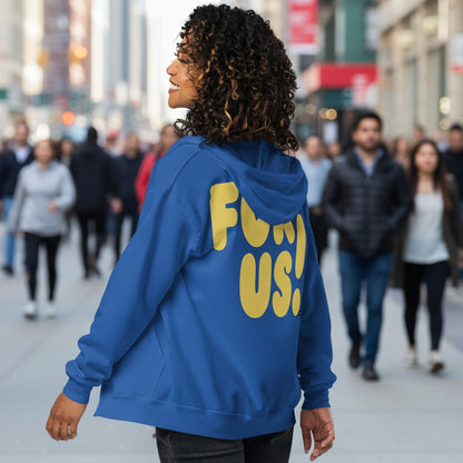 Woman wearing For Us in Blue and Yellow Unisex Zip-Up Hoodie from the APWT Gift Shop