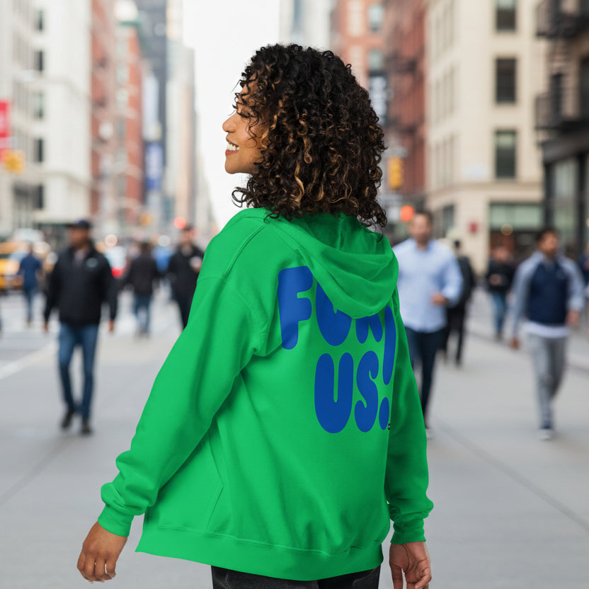 Woman wearing For Us in Green and Blue Unisex Zip-Up Hoodie - The APWT Gift Shop