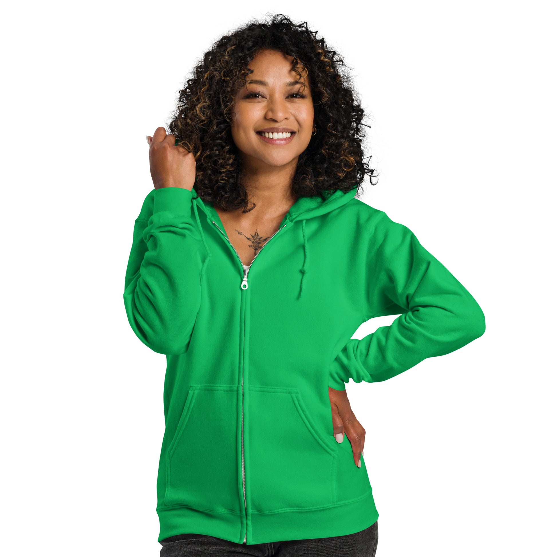 Woman wearing For Us in Green and Blue Unisex Zip-Up Hoodie - The APWT Gift Shop front