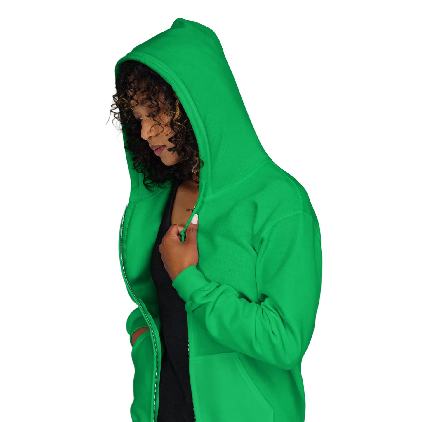 Woman wearing For Us in Green and Blue Unisex Zip-Up Hoodie - The APWT Gift Shop side