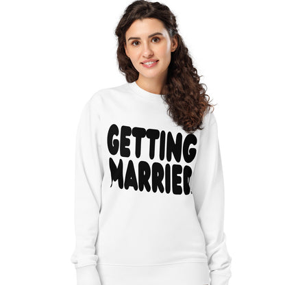 Woman wearing Getting Married Premium Unisex Crew Neck White Sweatshirt from the APWT Gift Shop