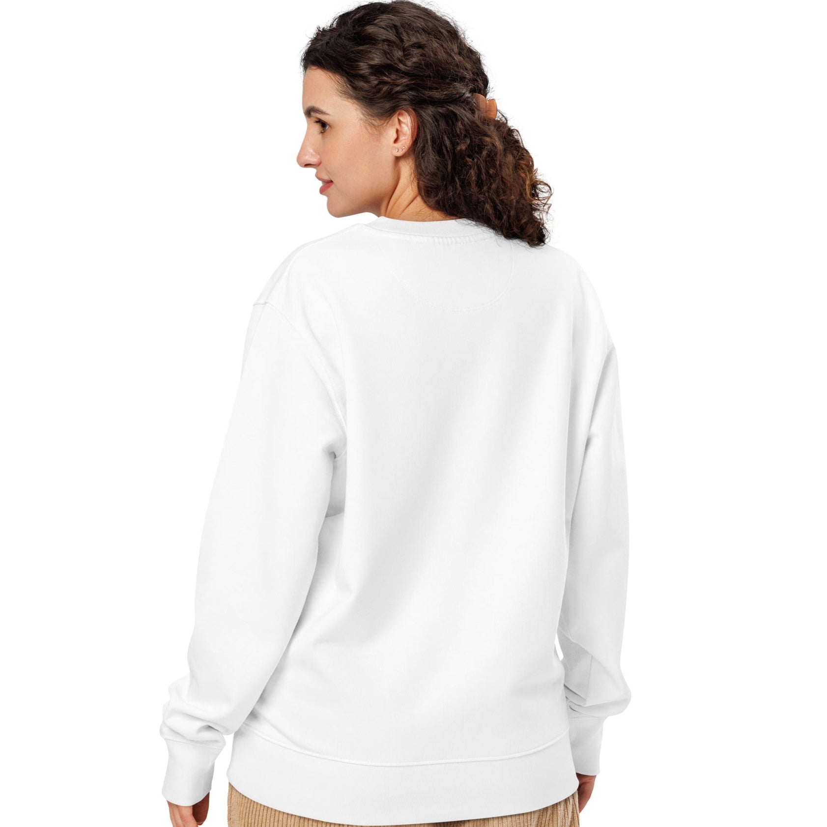 Woman wearing Getting Married Premium Unisex Crew Neck White Sweatshirt from the APWT Gift Shop Back