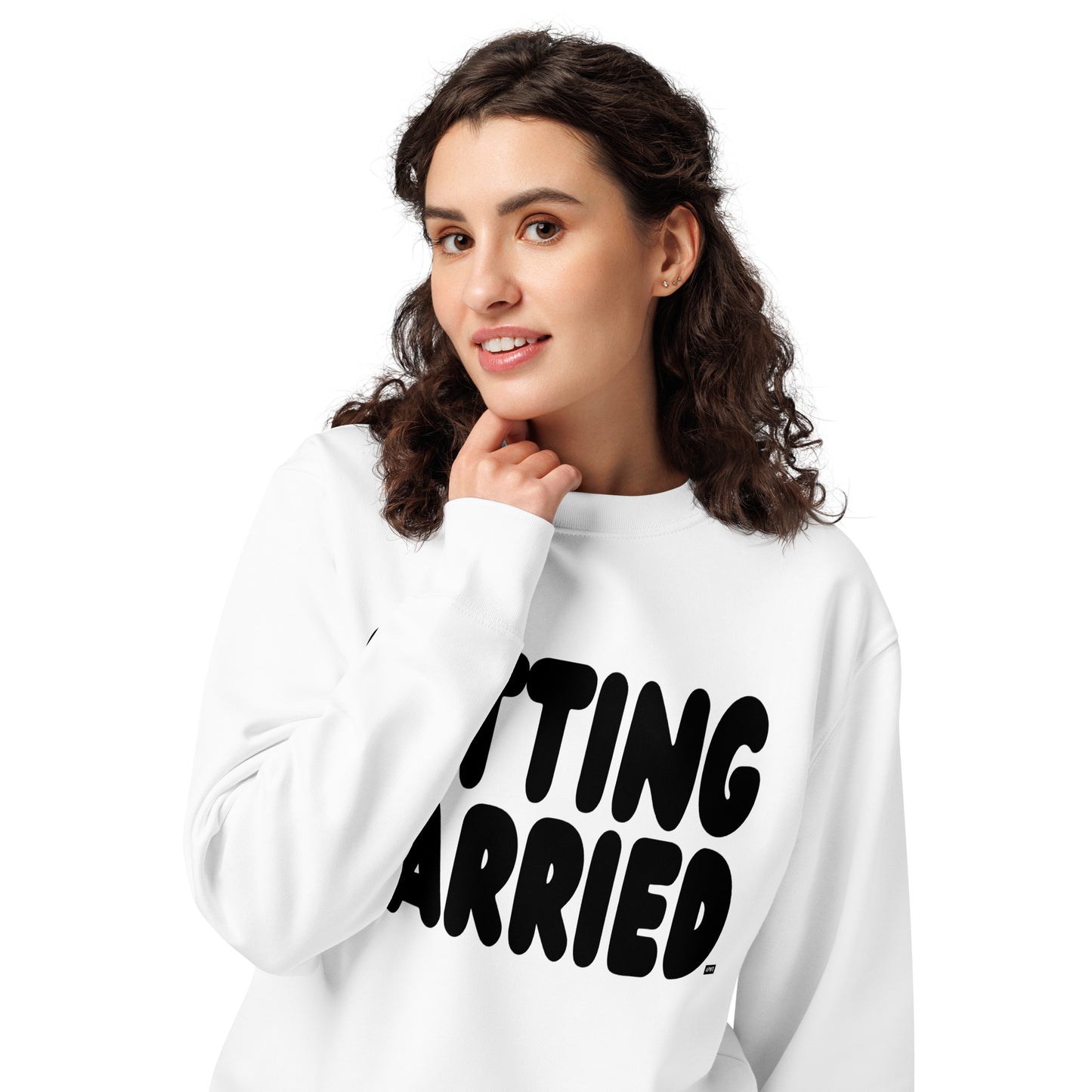 Woman wearing Getting Married Premium Unisex Crew Neck White Sweatshirt from the APWT Gift Shop Close Up