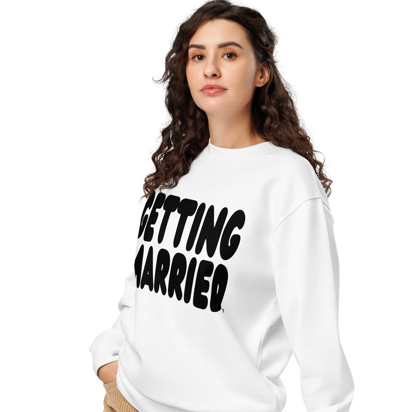 Woman wearing Getting Married Premium Unisex Crew Neck White Sweatshirt from the APWT Gift Shop Side