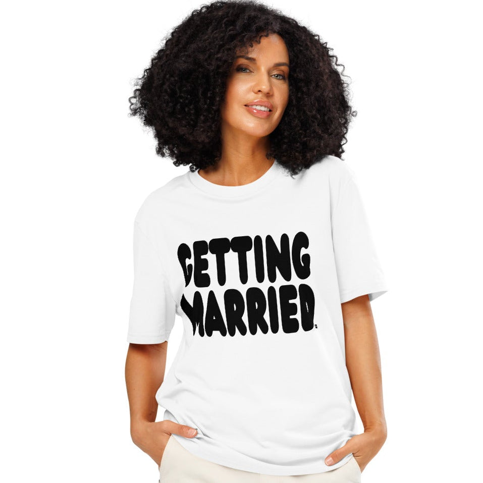Woman wearing Getting Married Premium Unisex White T-Shirt