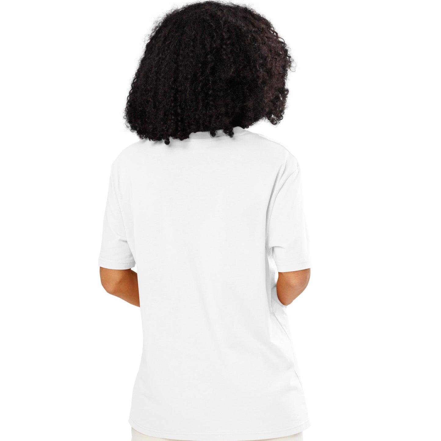 Woman wearing Getting Married Premium Unisex White T-Shirt Back