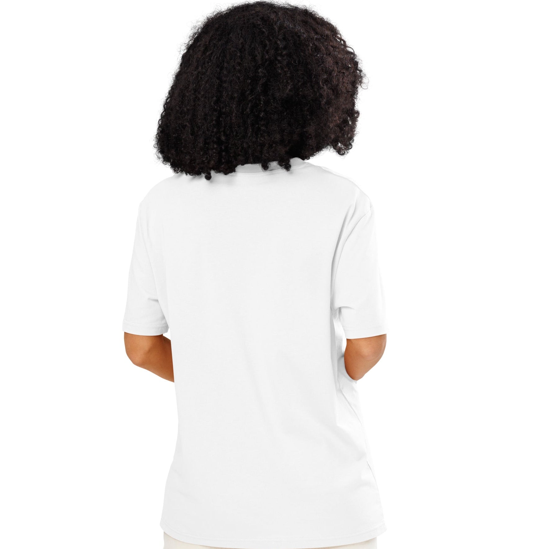 Woman wearing Getting Married Premium Unisex White T-Shirt Back