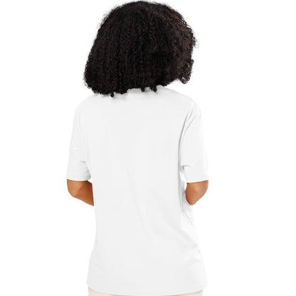 Woman wearing Getting Married Premium Unisex White T-Shirt Back