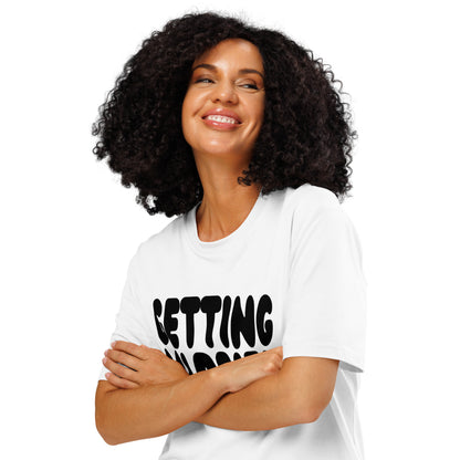 Woman wearing Getting Married Premium Unisex White T-Shirt Close Up