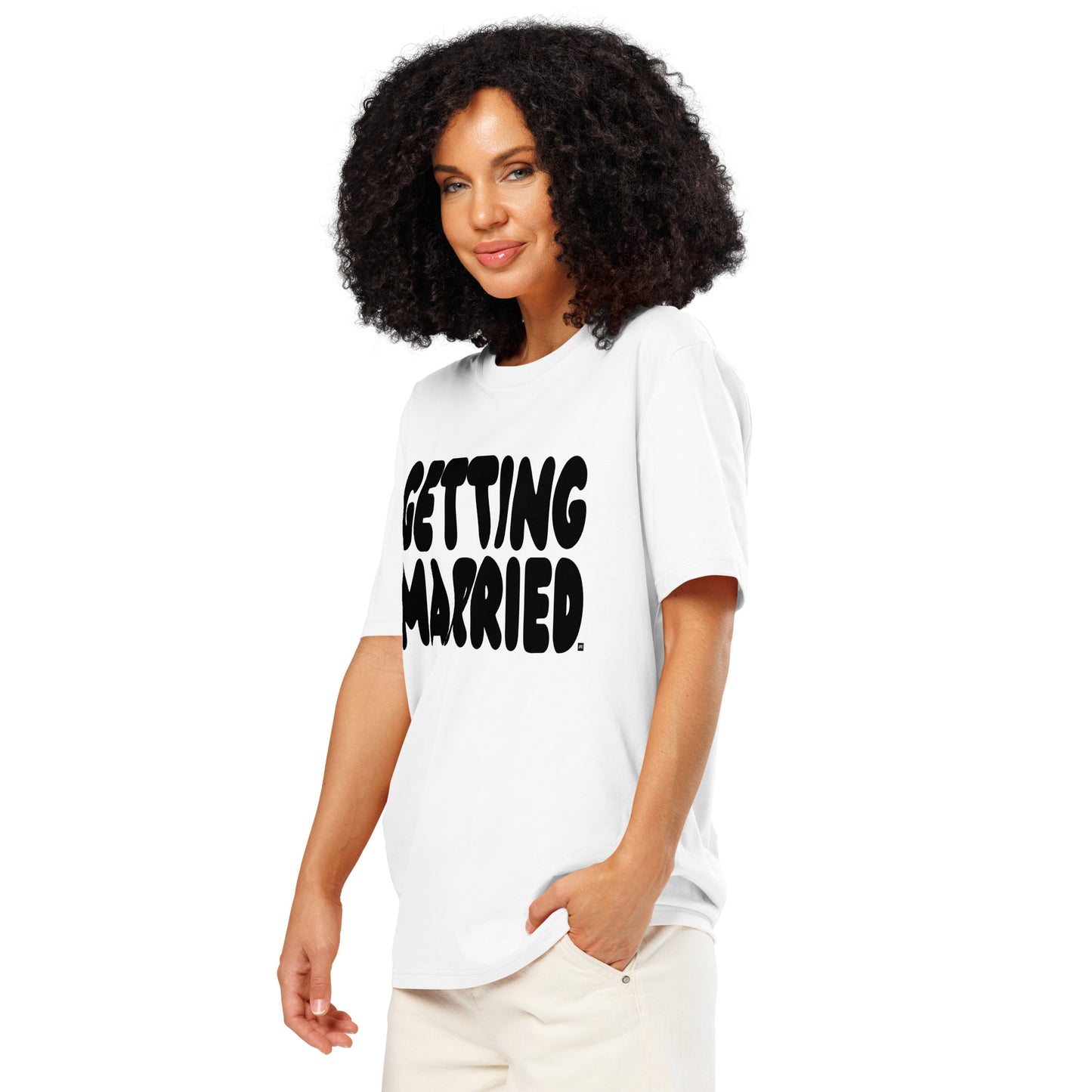 Woman wearing Getting Married Premium Unisex White T-Shirt Side