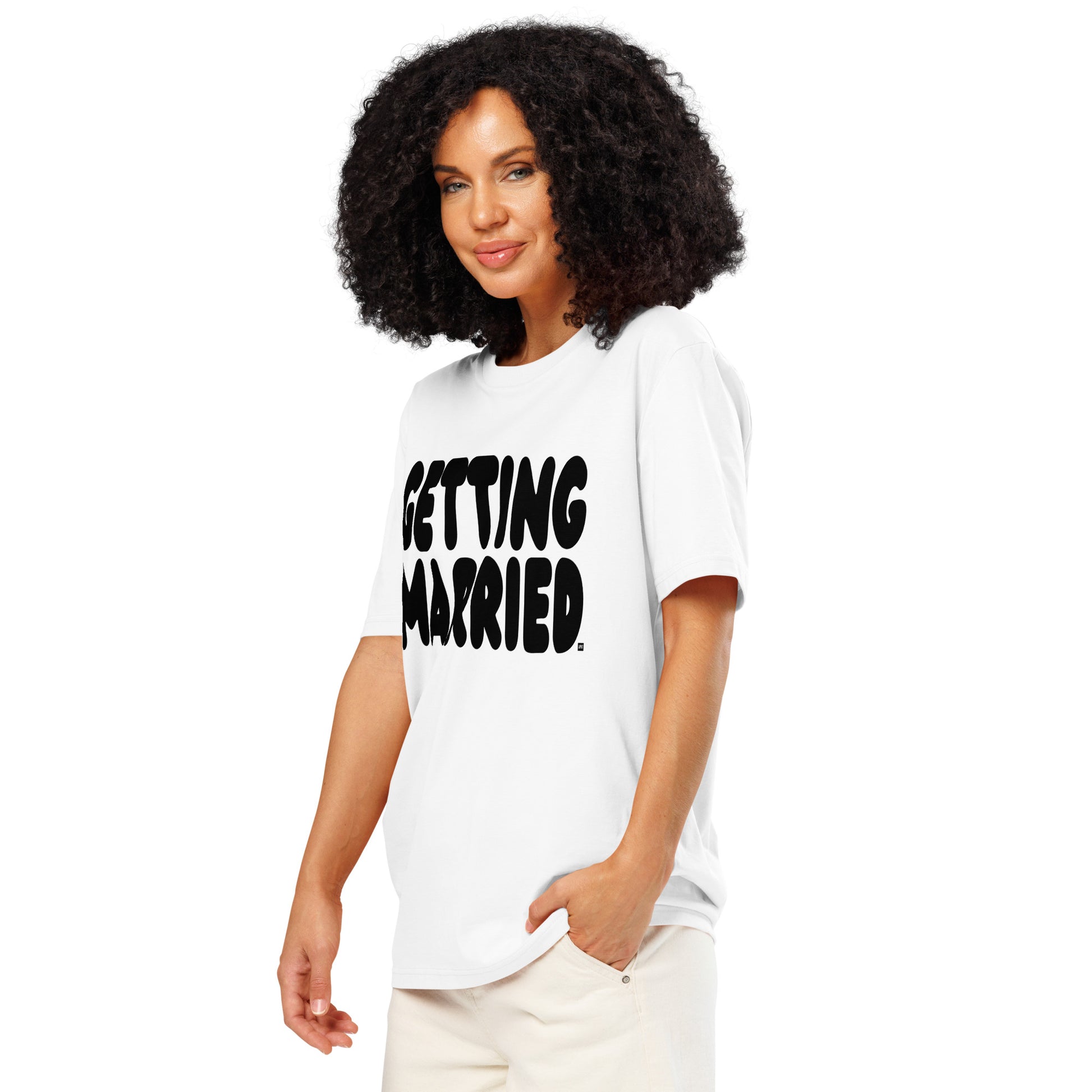Woman wearing Getting Married Premium Unisex White T-Shirt Side