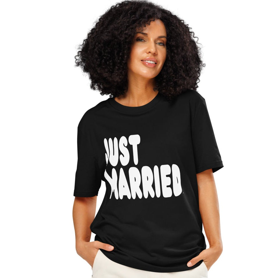 Woman wearing Just Married Premium Unisex T-Shirt in Black