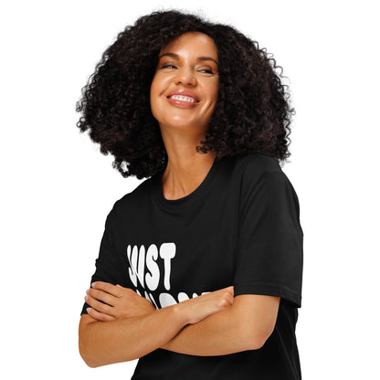 Woman wearing Just Married Premium Unisex T-Shirt in Black Close Up